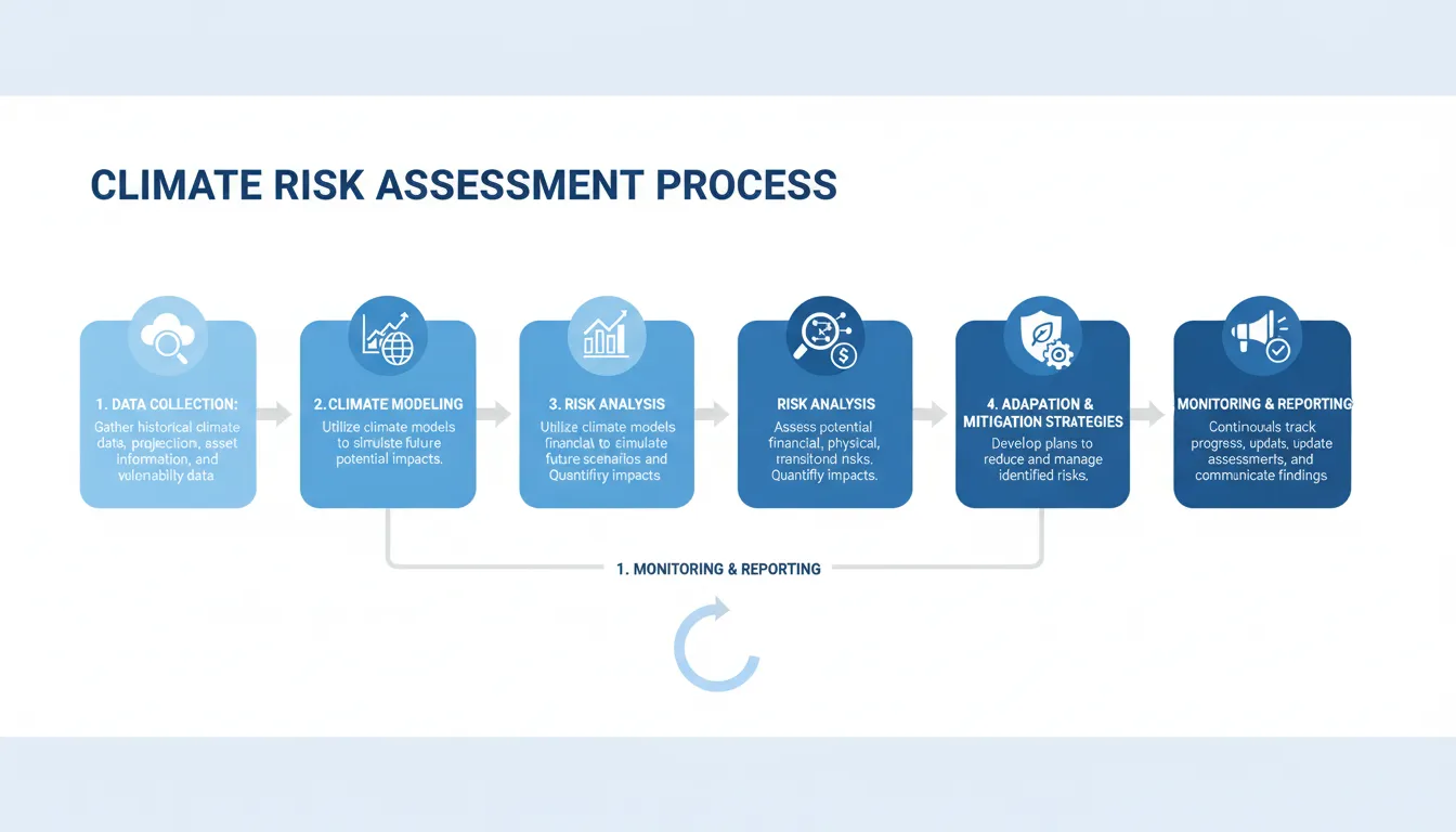 Infographic detailing the climate risk assessment process with icons and text boxes for each step.