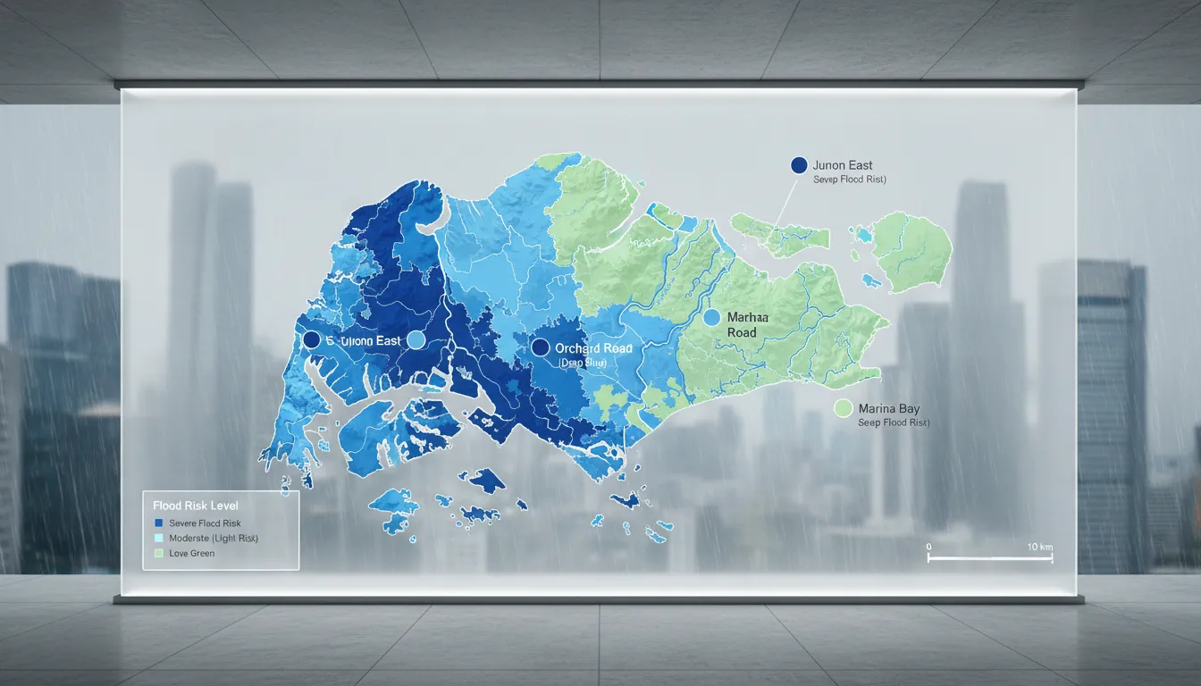 A color-coded flood risk map of Singapore showing different risk levels with a legend and clear labels.