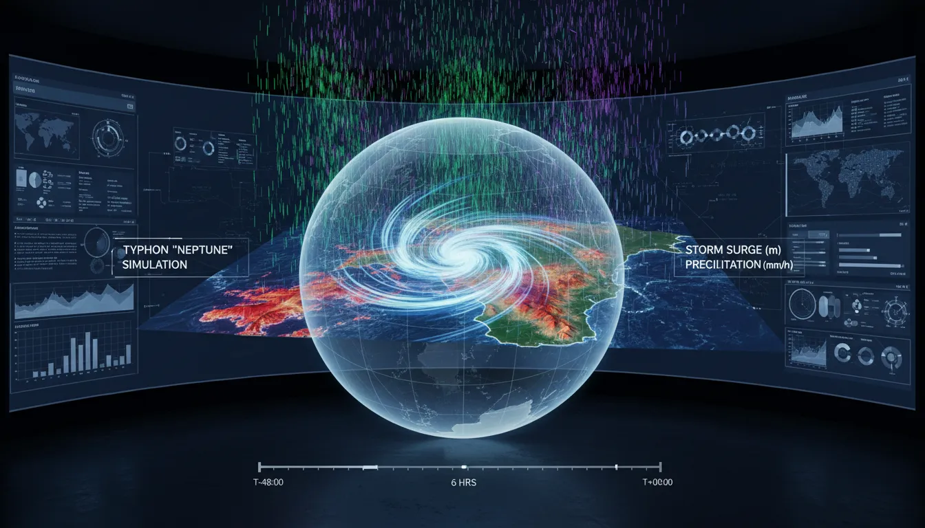 3D visualization of a typhoon simulation model showing storm surge and precipitation patterns.